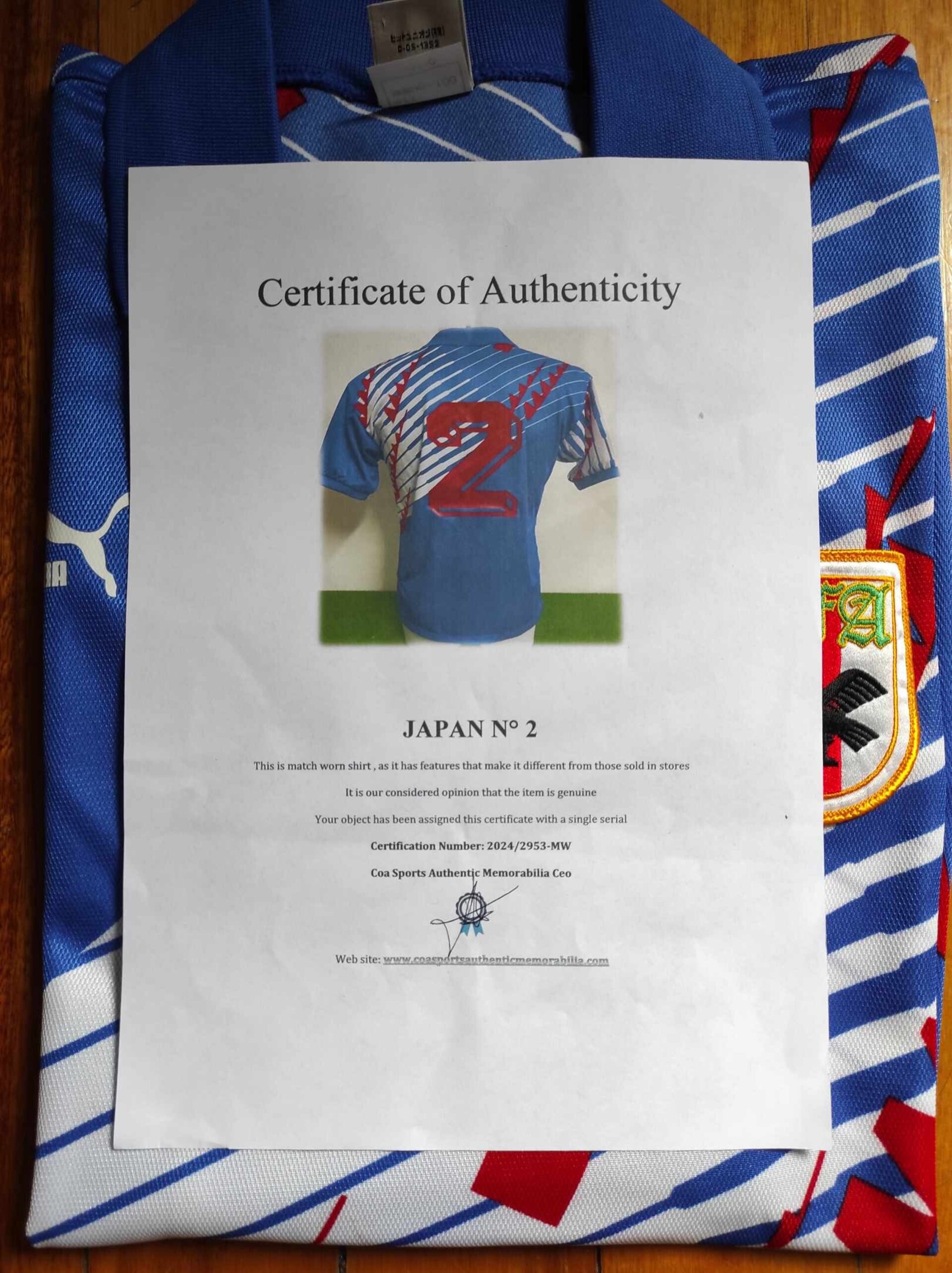 JAPAN 1993 Match Worn number 2 + COA L - 3